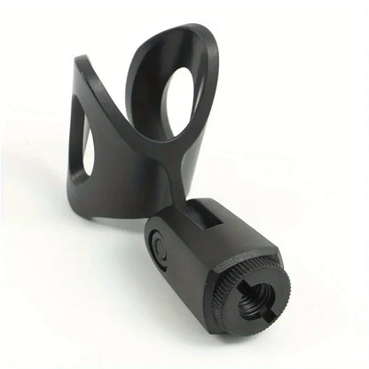 Black metal adjustable desktop microphone stand clip with curved arm and knob for podcasts live streaming and tablet holder multifunctional use