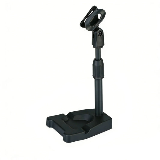 Black adjustable desktop microphone stand with sturdy base and tablet holder multifunctional for podcasts live streaming
