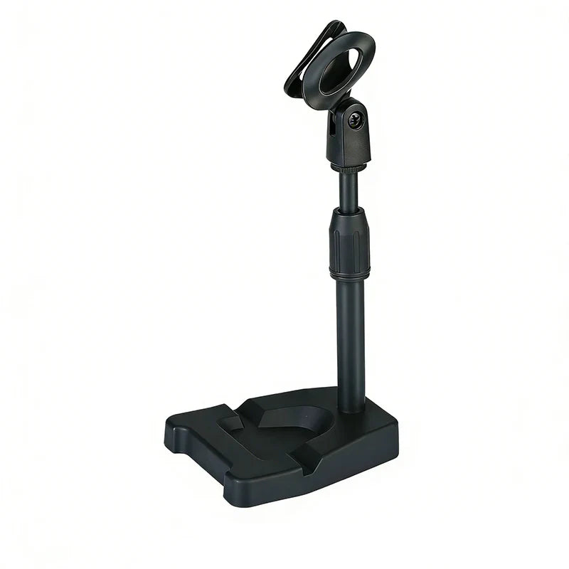Black adjustable desktop microphone stand with sturdy base and articulated arm with tablet holder multifunctional for podcasts live streaming