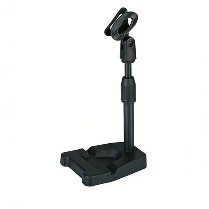 Black adjustable desktop microphone stand with sturdy base and articulated arm with tablet holder multifunctional for podcasts live streaming