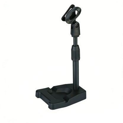 Black adjustable desktop microphone stand with sturdy base and tablet holder multifunctional for podcasts live streaming