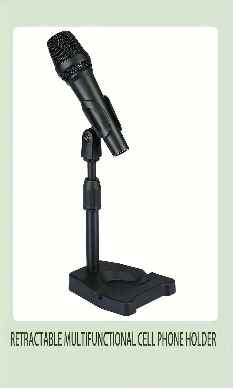 Black adjustable desktop microphone with textured grille and ergonomic grip on multifunctional tablet holder stand for podcasts live streaming