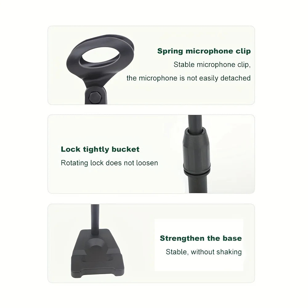 Adjustable desktop microphone stand in black plastic with spring clip and reinforced base for podcasts live streaming and office use