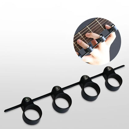 Black metal adjustable finger expander guitar training aid with three adjustable rings and central bar for finger lute span