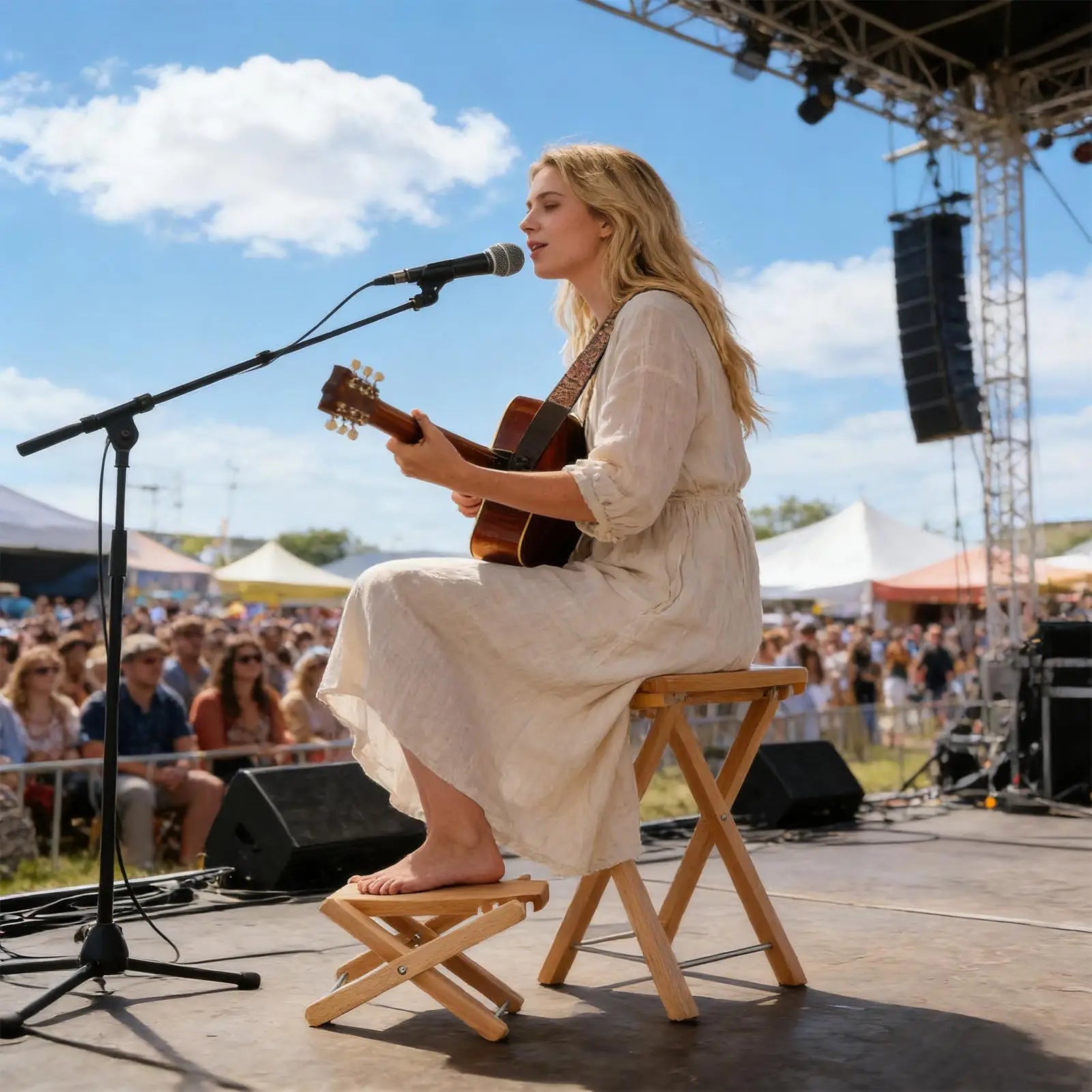 A woman plays guitar barefoot using an adjustable cream wooden guitar foot stool for classical guitar home use