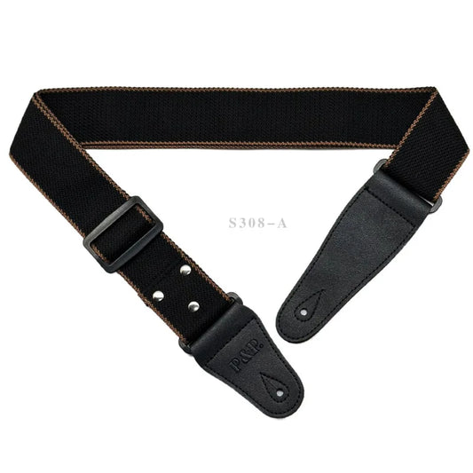 Adjustable black p&p guitar strap with brown stitching and leather ends for acoustic electric bass guitar musical accessories