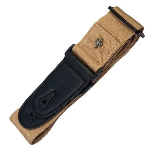 Tan canvas adjustable guitar strap with black leather accents and silver cross emblem for acoustic electric bass guitar musical accessories