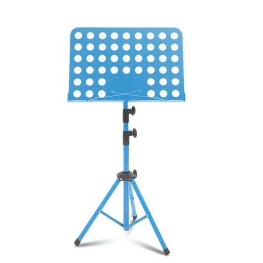 Blue metal sheet music stand with perforated top plate and adjustable tripod legs retractable portable holder