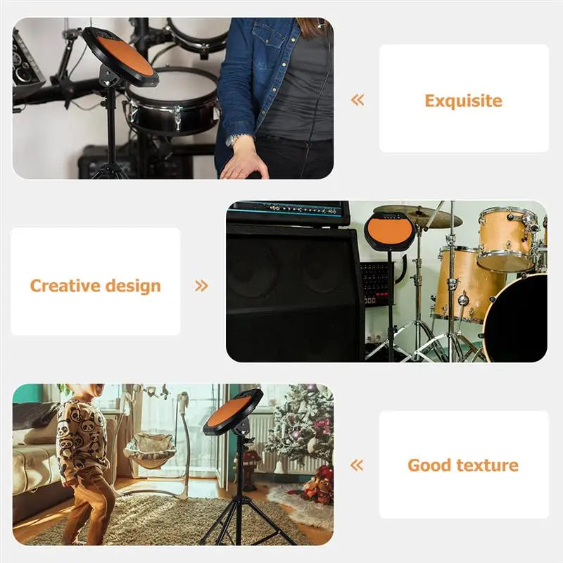 Black electronic drum pad with orange surface on an adjustable metal dumb drum stand tripod practice pad rack bracket