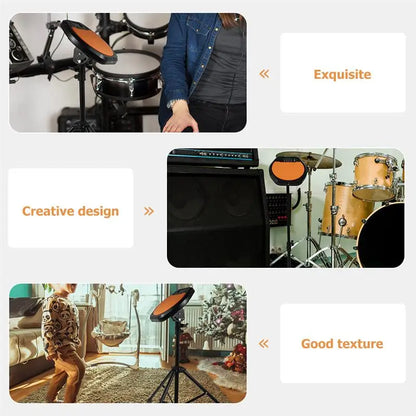 Black electronic drum pad with orange surface on an adjustable metal dumb drum stand tripod practice pad rack bracket