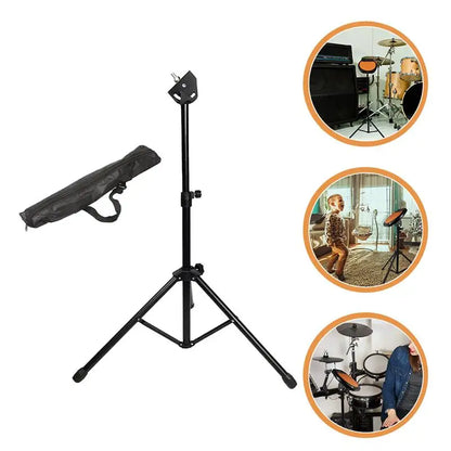 Black adjustable metal drum tripod practice pad stand with clamp for holding drum pads and music equipment accessories
