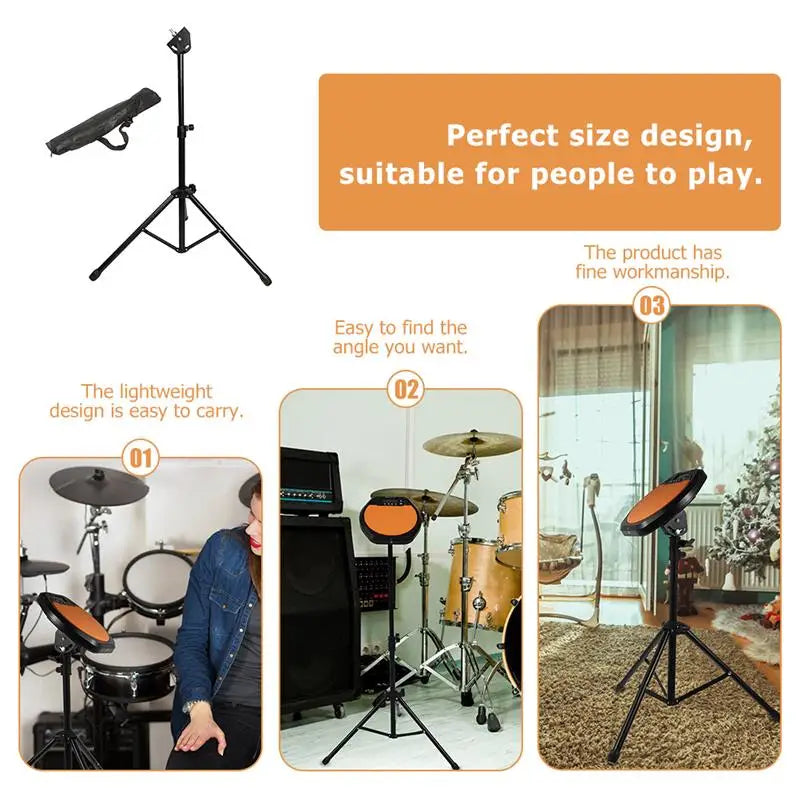 Black adjustable metal drum dumb drum stand tripod practice pad with adjustable height and padded carrying case