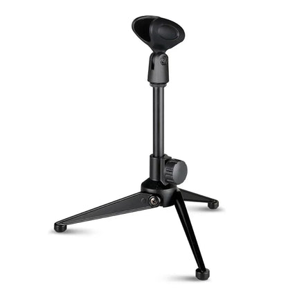 Black adjustable microphone stand with tripod base and padded head designed as a desktop stand holder tripod bracket