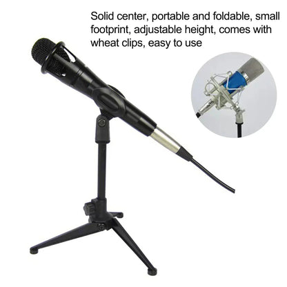 Black condenser microphone mounted on adjustable microphone stand with tripod bracket professional and wheat clips