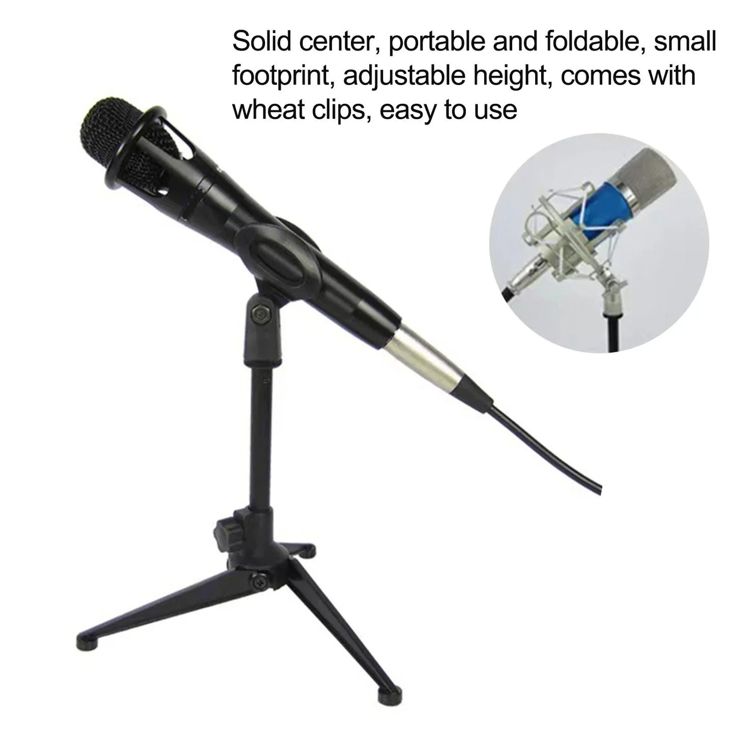 Black condenser microphone mounted on an adjustable microphone stand portable desktop stand holder tripod bracket with wheat clips