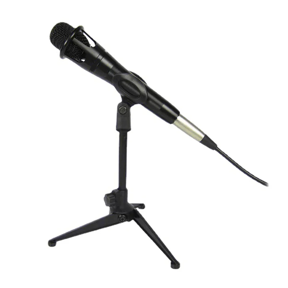 Black dynamic microphone with metallic accent mounted on adjustable microphone stand portable stand holder tripod bracket professional