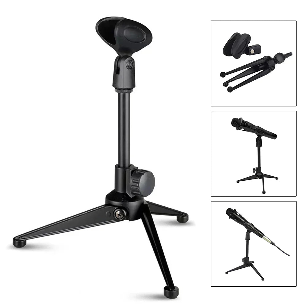 Black adjustable microphone stand with padded clamp and three-legged base professional stand holder tripod bracket