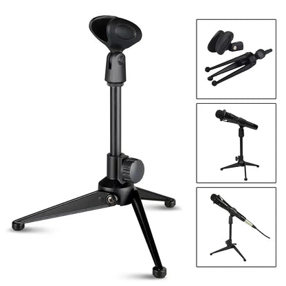 Black adjustable microphone stand with padded clamp and three-legged base professional stand holder tripod bracket