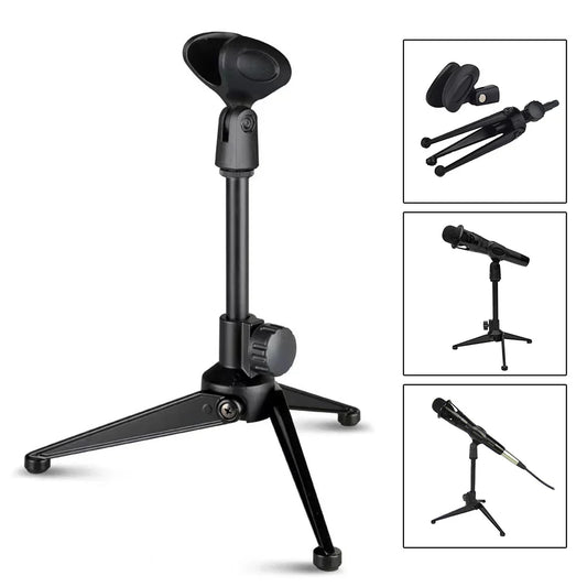 Black adjustable microphone stand with padded clamp and three-legged base professional stand holder tripod bracket