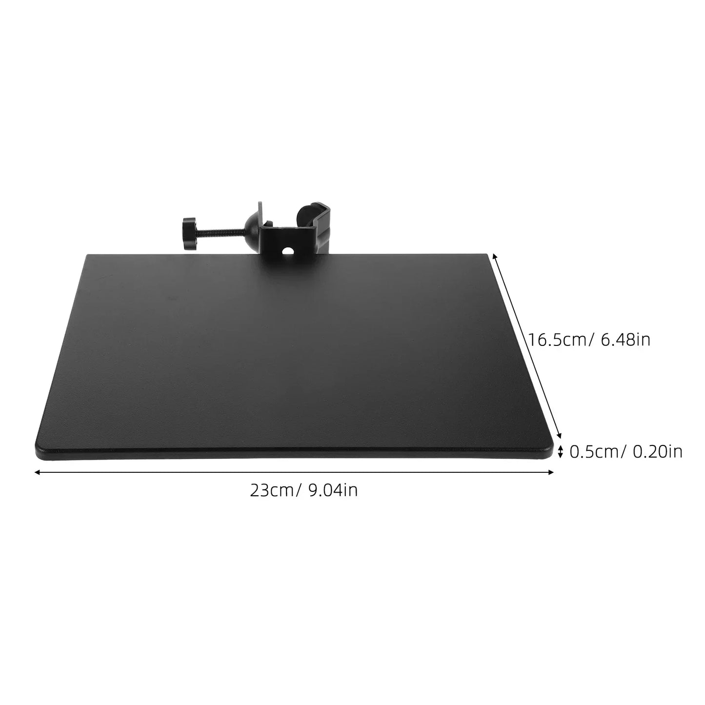 Black rectangular adjustable microphone stand tray metal shelf with clamp for secure live streaming karaoke attachment