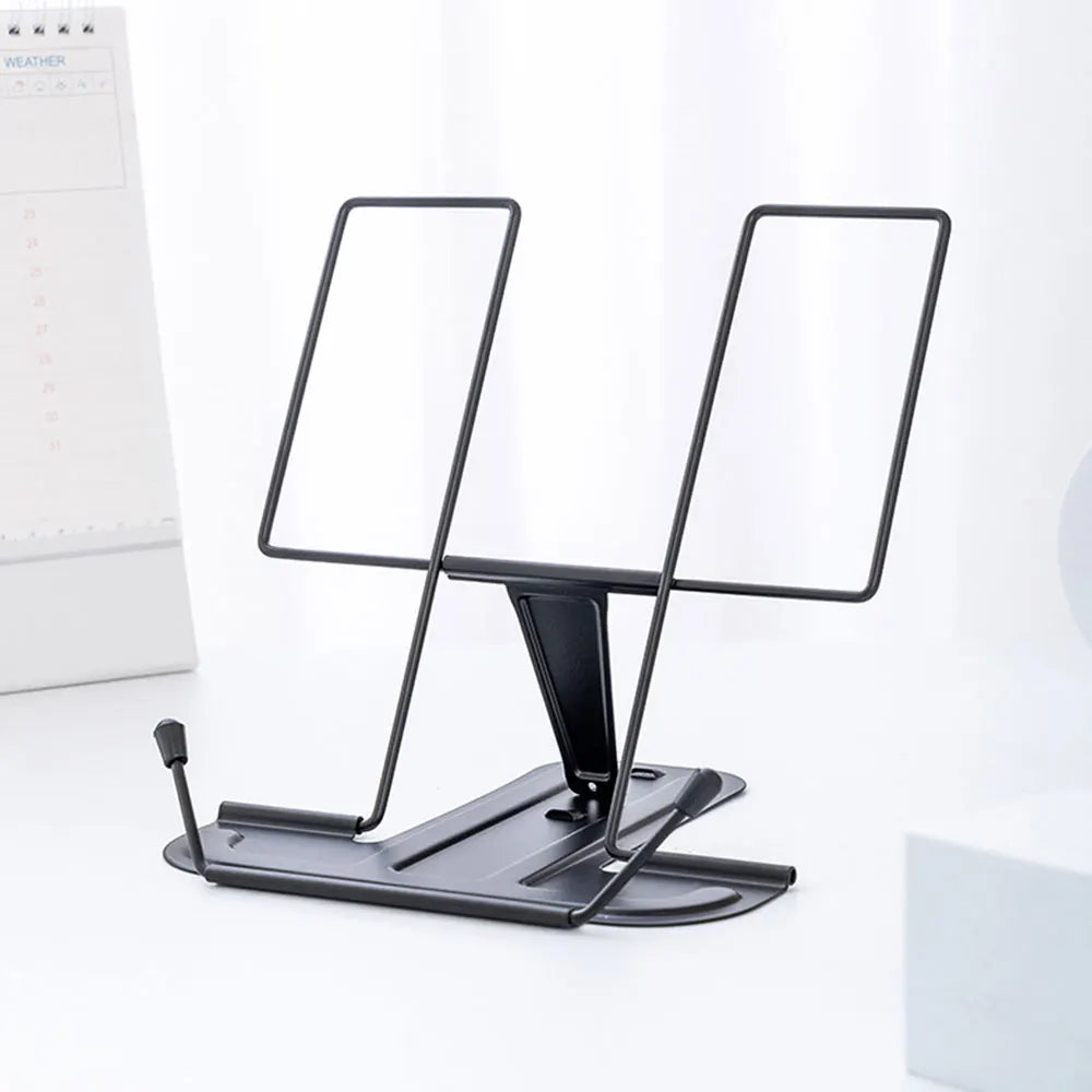 Black metal adjustable portable folding bookend stand with adjustable height and angle for books recipe shelf use