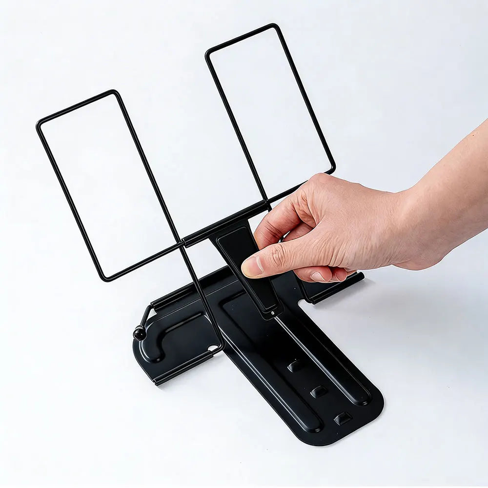 Adjustable portable folding black metal bookstand with dual rectangular slots ideal as books recipe shelf or music score holder