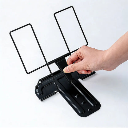 Adjustable portable folding black metal bookstand with dual rectangular slots ideal as books recipe shelf or music score holder
