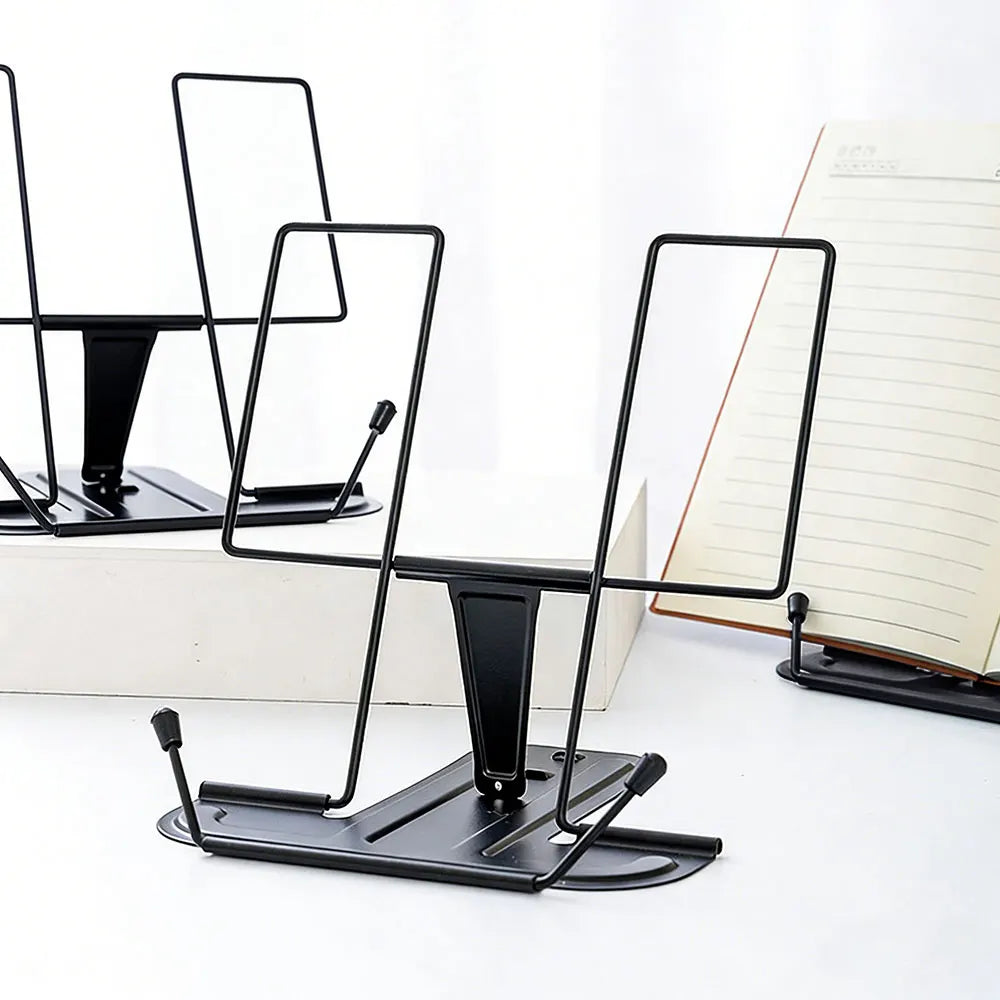Black metal adjustable portable folding bookend stand with angled support for books recipe shelf and tablet display