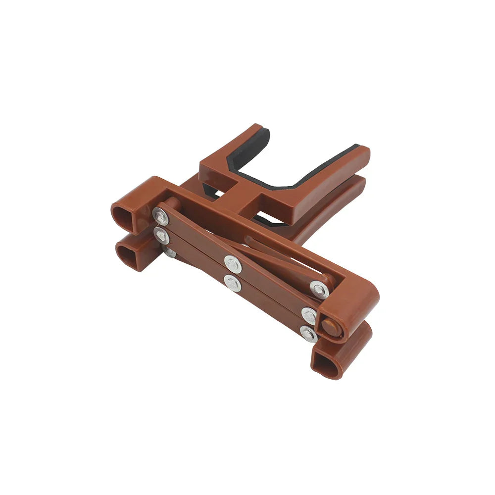 Brown plastic adjustable violin stand with black rubberized grip pads and silver metal fasteners portable retractable foldable fiddle bracket sponge