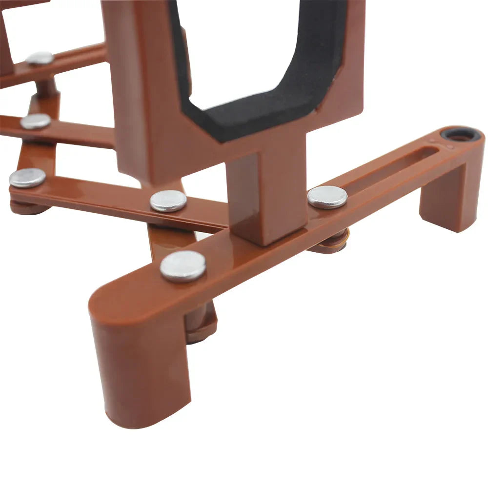Brown metal frame with black rubberized grip and silver rivets for adjustable violin stand portable retractable foldable fiddle bracket sponge pad