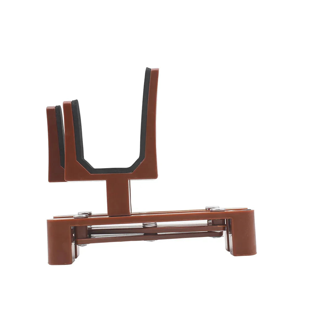Adjustable violin stand holder with brown plastic pick holder and black rubberized grips for portable retractable foldable use