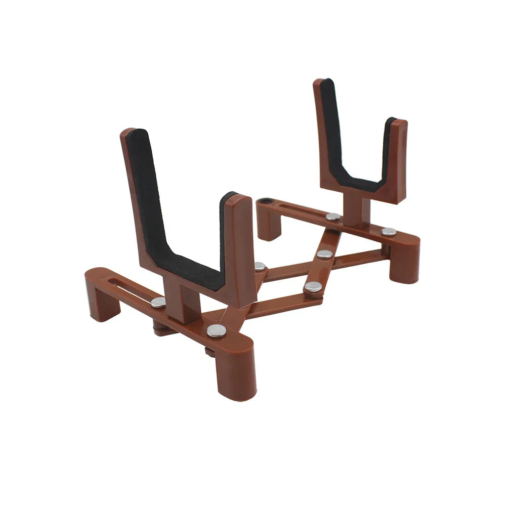 Adjustable violin stand holder in brown plastic with black sponge pad supports and silver screws portable retractable foldable fiddle bracket