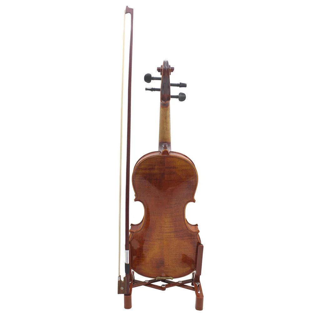 A polished wooden violin with warm brown finish on an adjustable violin stand portable retractable foldable fiddle bracket sponge pad