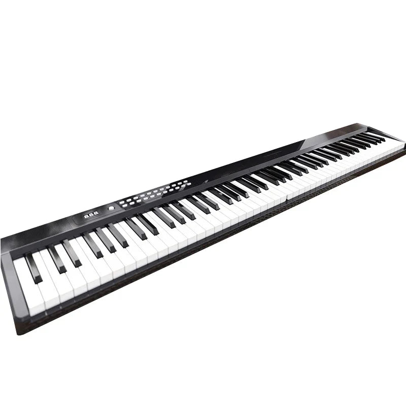 Black 88-key electronic piano with glossy finish featuring keyboard microphone interface and display effects