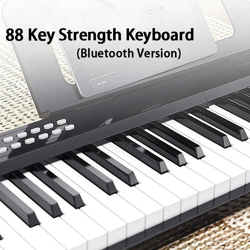 Black and white 88-key bluetooth electronic piano keyboard with sleek design and keyboard microphone interface for professionals
