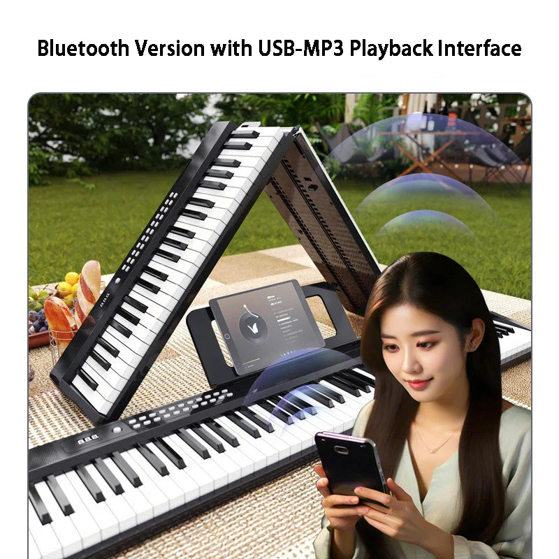 Black and white foldable adult electronic piano keyboard with usb-mp3 playback and keyboard microphone interface