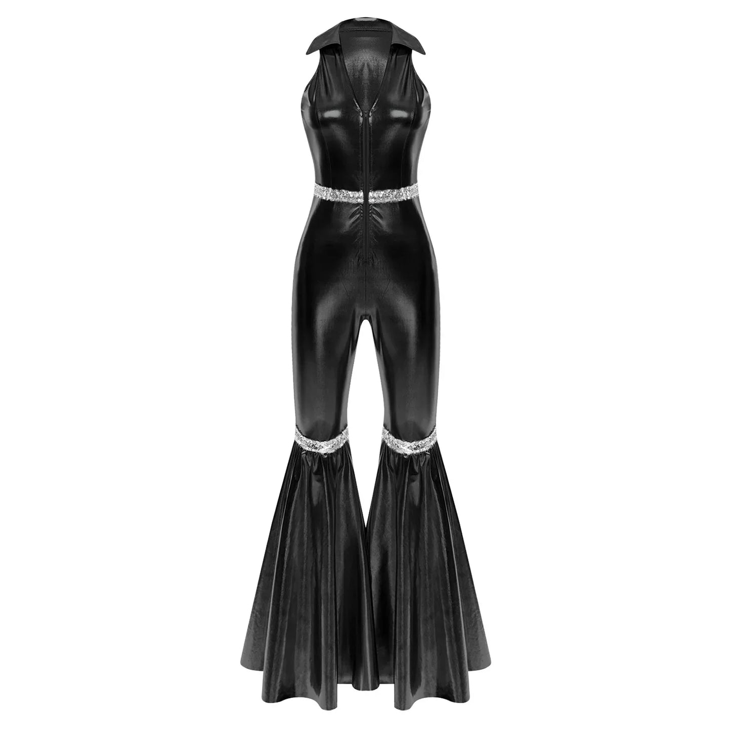 Black patent leather 70s disco rompers jumpsuit retro jazz dancewear with collar zipper sequins bell bottom trim