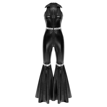 Black patent leather 70s disco rompers jumpsuit retro jazz dancewear with collar zipper sequins bell bottom trim