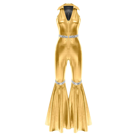 Shiny gold metallic 70s disco rompers jumpsuit retro jazz with collar zipper sequins bell bottom and silver accents