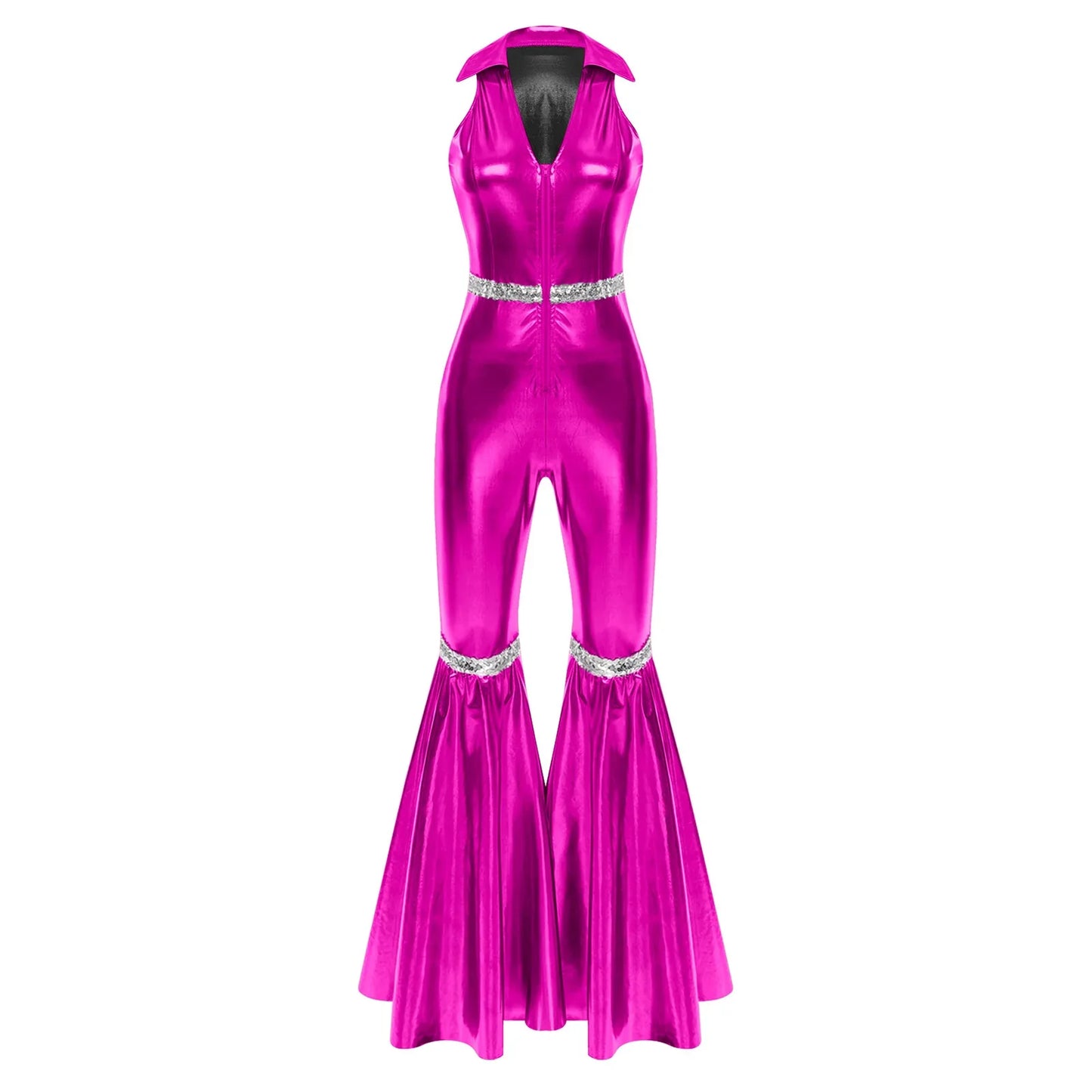 Vibrant fuchsia metallic 70s disco rompers jumpsuit retro jazz with zipper sequins bell bottom and silver belts at waist and ankles