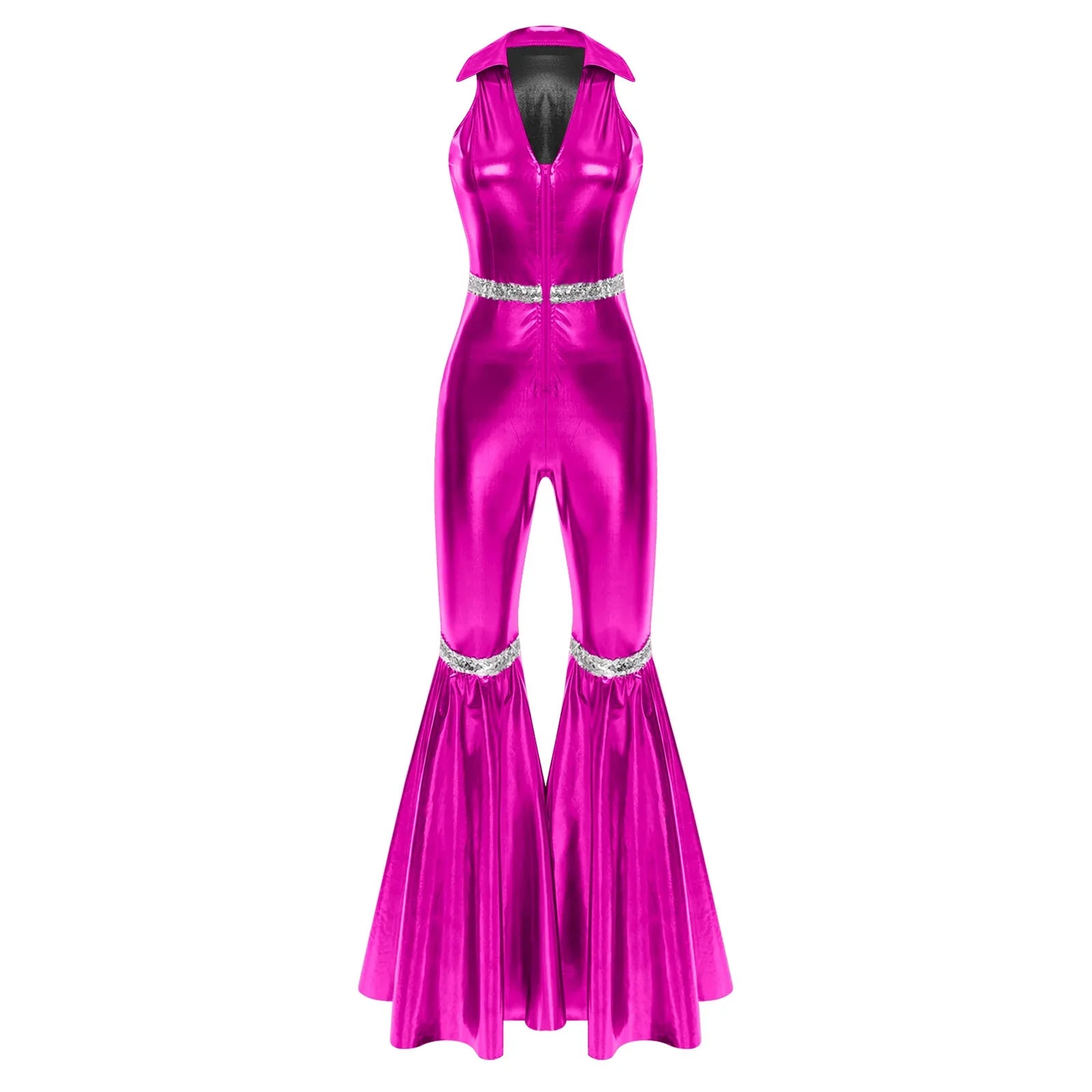 Vibrant fuchsia metallic 70s disco rompers jumpsuit retro jazz with zipper sequins bell bottom and silver belts at waist and ankles