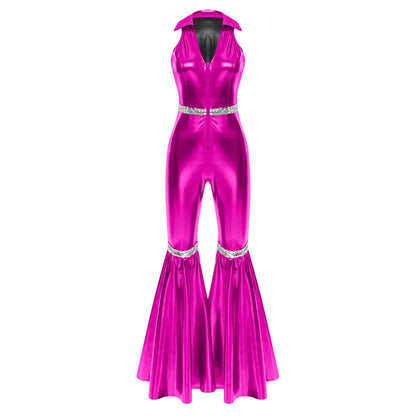 Vibrant fuchsia metallic 70s disco rompers jumpsuit retro jazz with zipper sequins bell bottom and silver belts at waist and ankles