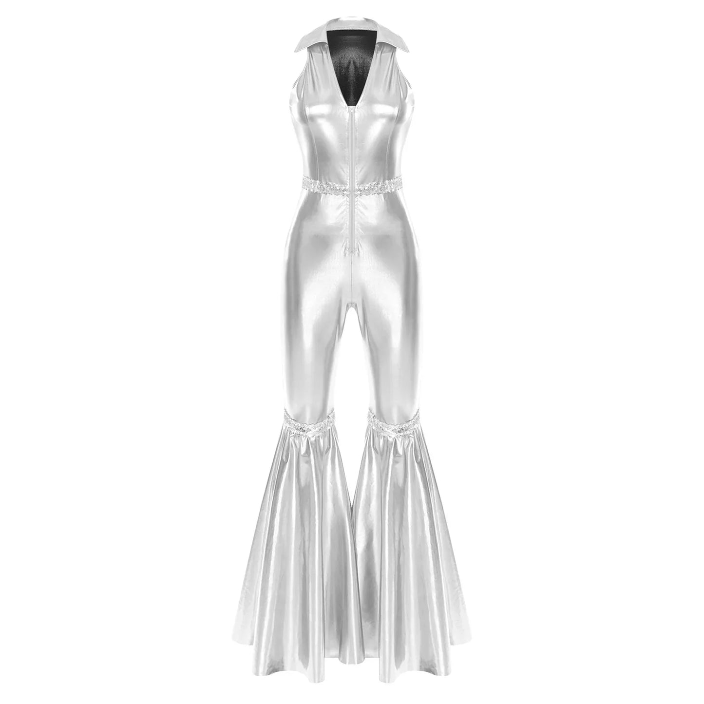 Shiny silver metallic one-piece jumpsuit retro jazz dancewear with collar zipper sequins bell bottom 70s disco rompers