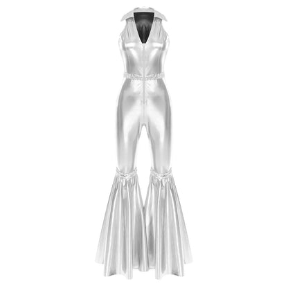 Shiny silver metallic one-piece jumpsuit retro jazz dancewear with collar zipper sequins bell bottom 70s disco rompers