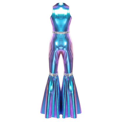 Adult womens 70s disco rompers metallic iridescent jumpsuit retro jazz sleeveless zipper sequins bell bottom pants