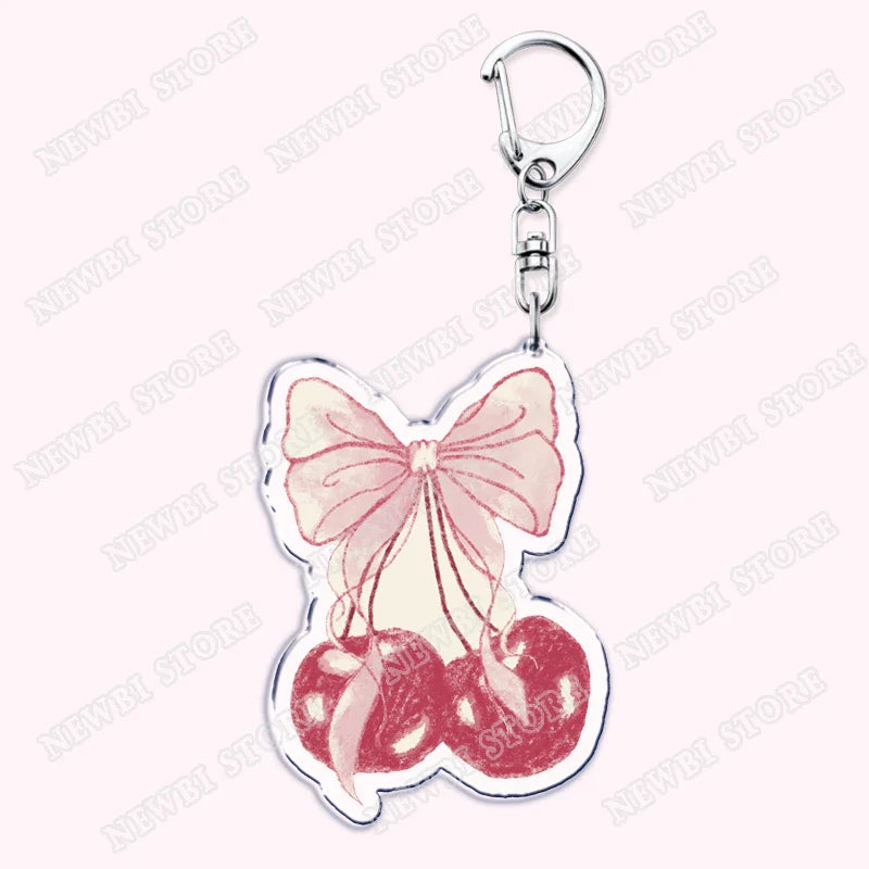 Aesthetic coquette pink cherry-themed acrylic keychain with silver clasp womens accessories ribbon hot girl book gift
