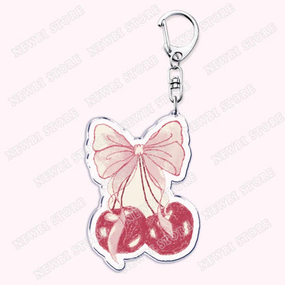 Aesthetic coquette pink cherry-themed acrylic keychain with silver clasp womens accessories ribbon hot girl book gift