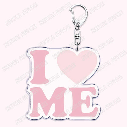 Aesthetic coquette pink acrylic keychain with i heart me design and silver clasp for womens accessories ribbon and hot girl book gifts