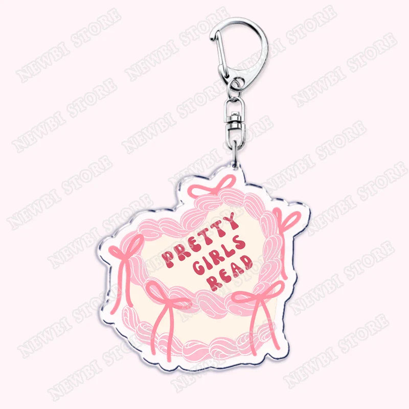Aesthetic coquette pink acrylic keychain with silver clasp womens accessories ribbon featuring pretty girls read phrase