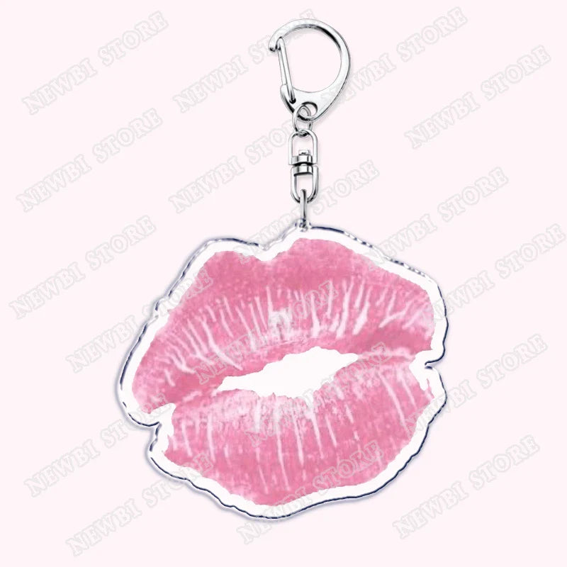 Pink kiss mark keychain with silver metallic frame and clasp, aesthetic coquette pink womens accessories ribbon gift